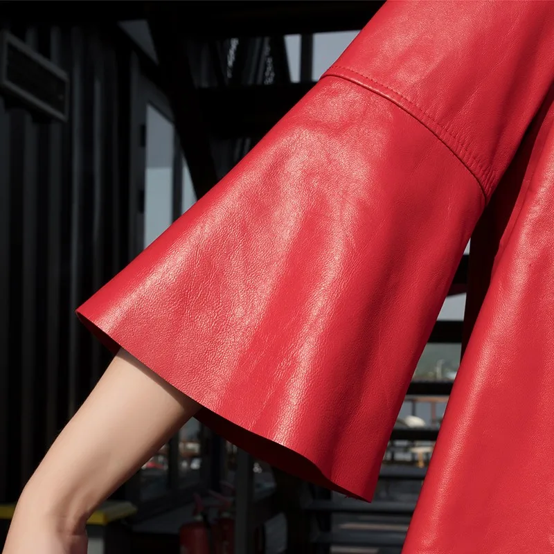 

Korean Red Black Three Quarter Flare Sleeve Ladies Genuine Leather Coat Slim Sheepskin Jacket Real Leather Jacket Manteau Mouton