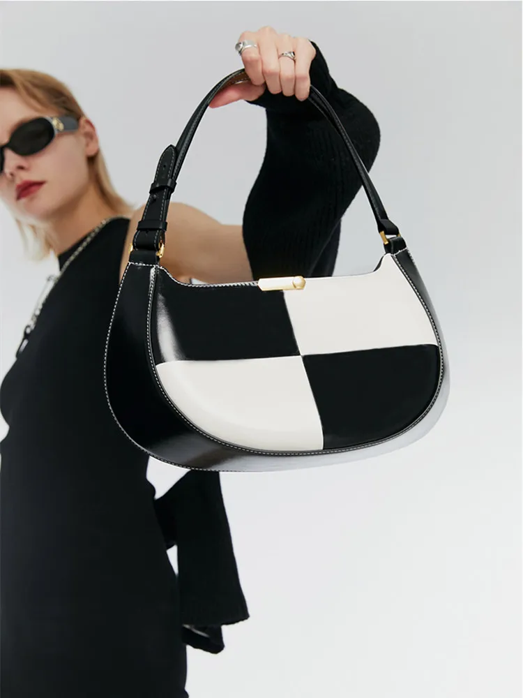 

FIRMRANCH Luxury Top Quality Checkerboard Plaid Underarm Colorblock Panda Shoulder 2021 Fall/Winter Portable Saddle Bag Female