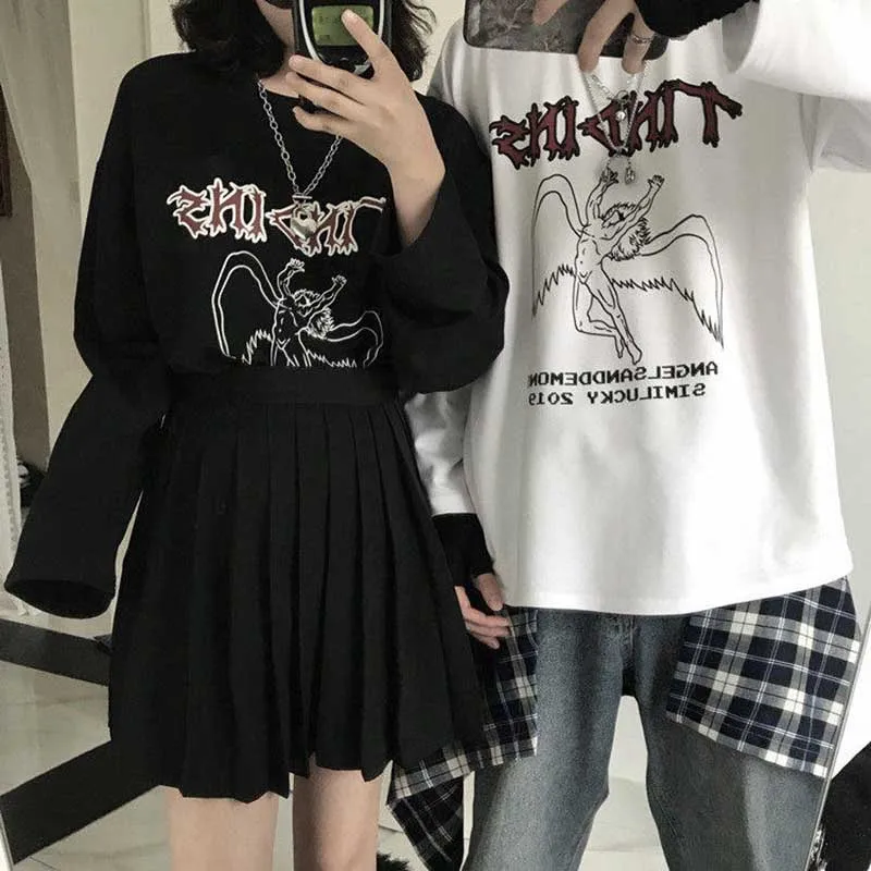 NiceMix весна корейский осень ulzzang Харадзюку улица хип-хоп Темный Ретро Ангел печать футболка ins модная свободная повседневная женская