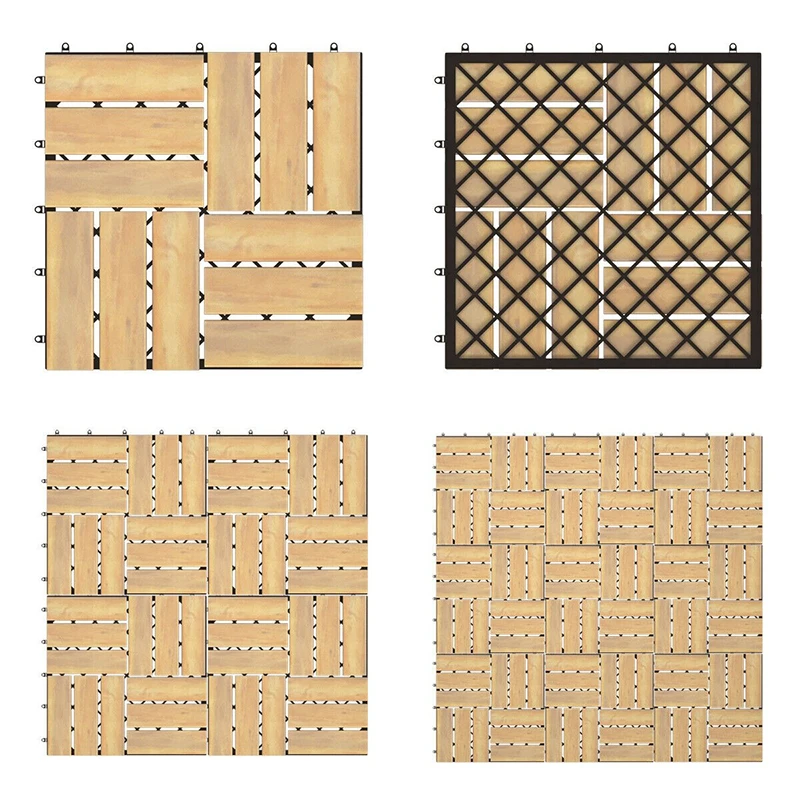 

10 PCS 12" X 12" DIY Wood Interlocking Check Deck Tiles Durability Solid Acacia Wood PVC Plastic Base Rustic Style Garden Tiles
