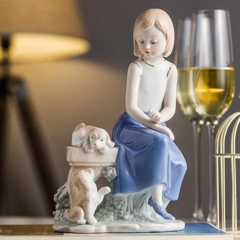 

Nordic Creative Ceramics Cute Little Girl Dog Crafts Ornaments Retro Marry Gift Modern Home Decoration Vintage Figurines