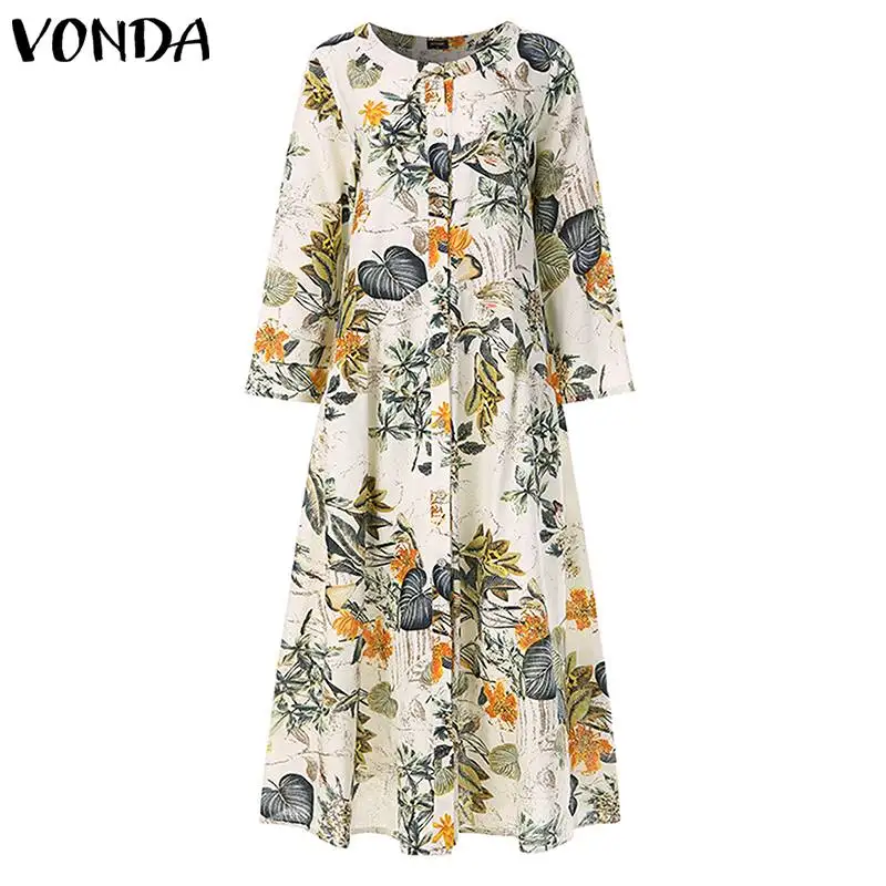 VONDA, модное Платье макси с цветочным принтом, женское платье с v-образным вырезом и длинным рукавом, богемное длинное платье размера плюс, женское платье, Vestidos 5XL