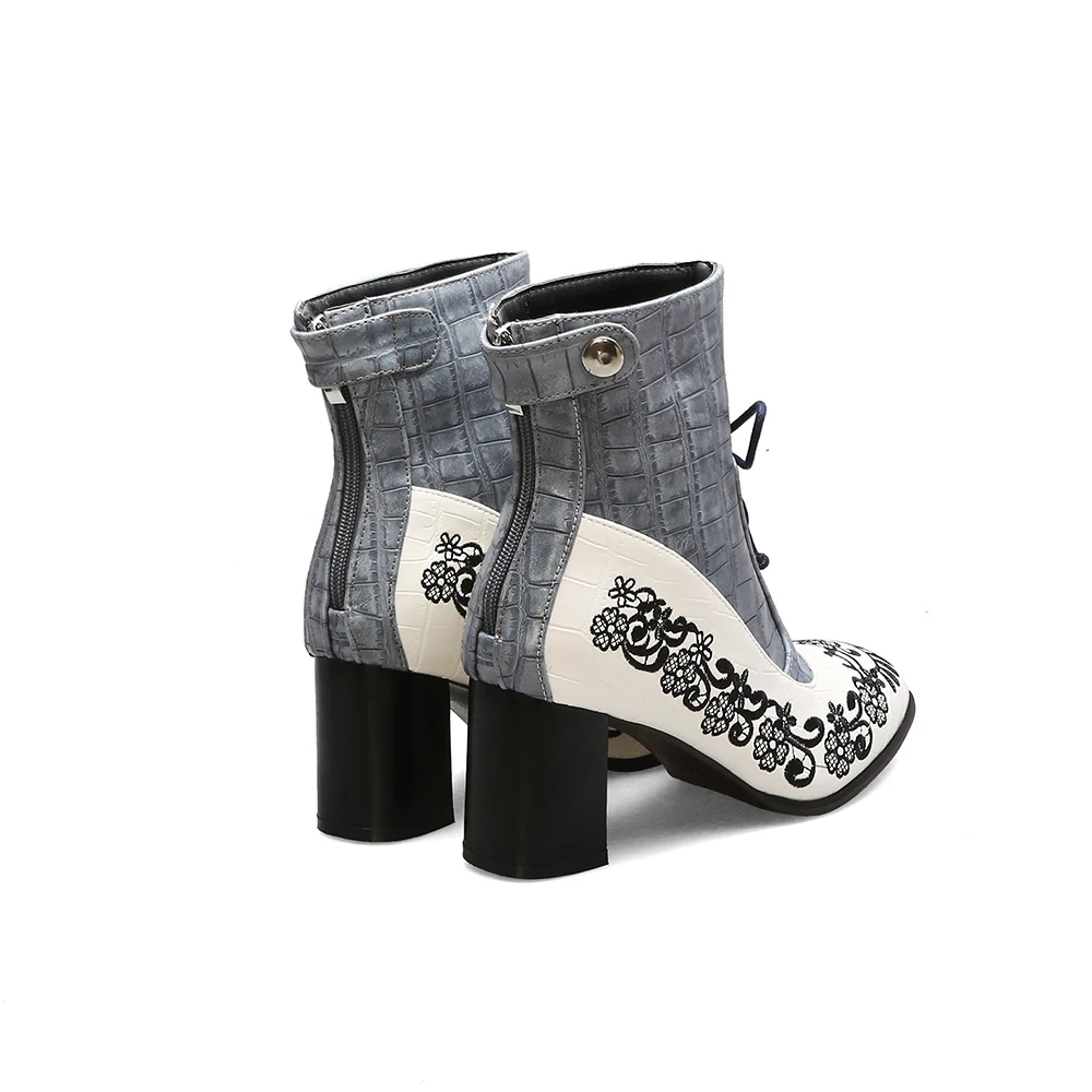 Retro Printed Booties Leather Women Ankle Boots Embroidery High Heels Casual Woman Shoe Zipper Vintage Female Footwear Boot 37