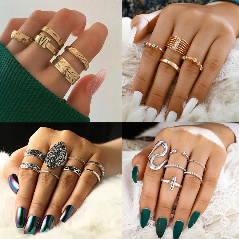 

26 Styles Retro Creative Antique Zodiac Star Moon Triangle Shell Gold Ring Fashion Charm Set Women's Party Jewelry