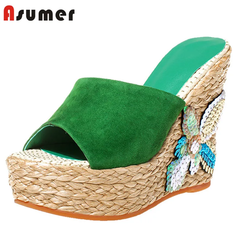 

Asumer 2021 Hot Sale Suede Leather Sandals Women Casual Party Shoes Sequins Flower Summer Wedges Platform Sandals Ladies