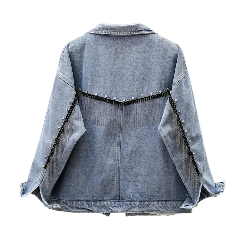 

New Trendy Denim Coat Short Loose Type Korean Style Diamonds Pockets Fashion Girls Back Tassels Jean Jacket Women