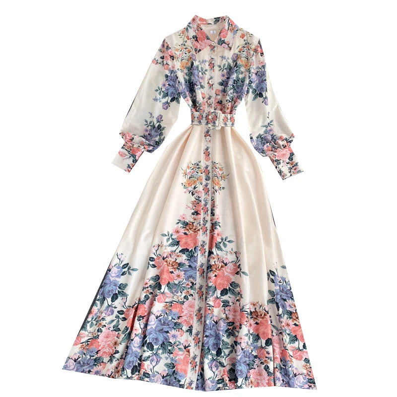 

Boho Fairy Vacation Floral Print Dress Women Turn Down Collar with Belt Single Breasted Slim A Line Maxi Dress Trendy Vestido