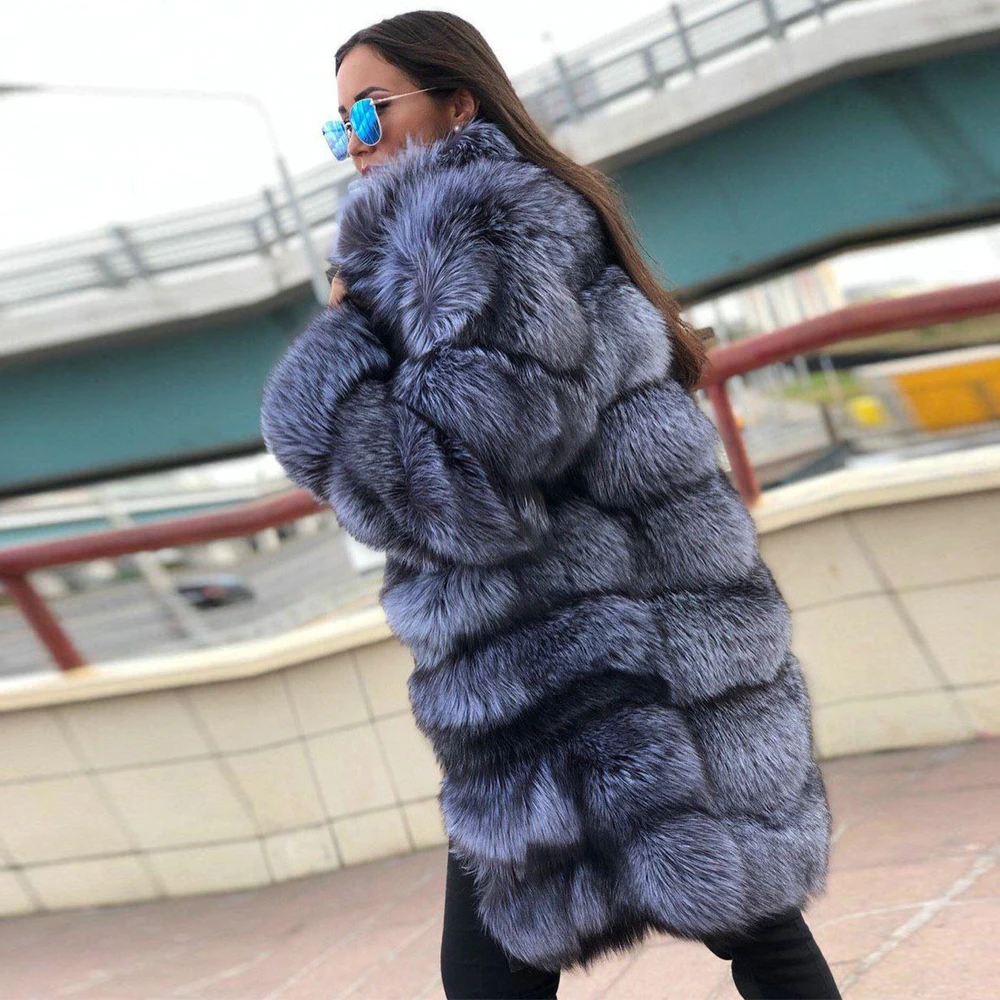 Fashion Long Silver Fox Fur Coat Natural Women High Quality Whole Skin Genuine Fox Fur Coat Stand Collar Warm Fur Overcoat 2022