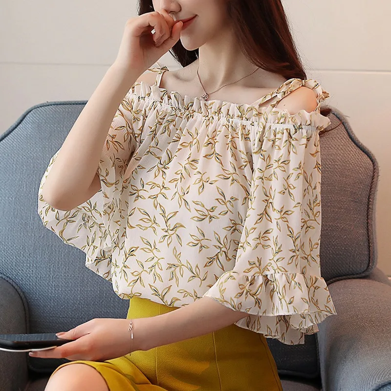 

Off Shoulder Ruffles Chiffon Blouses for Girls Women New Sweet Flare Sleeve Elegant Shirts Top