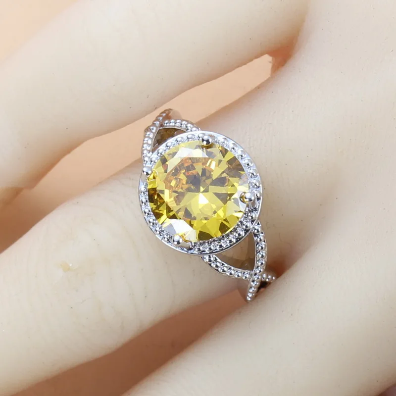 Очаровательный женский модный костюм, 925 пробы, серебро, желтый, циркон, Круглый, ювелирный набор, свисающие серьги, ожерелье и кольцо, наборы - Окраска металла: Yellow  Ring