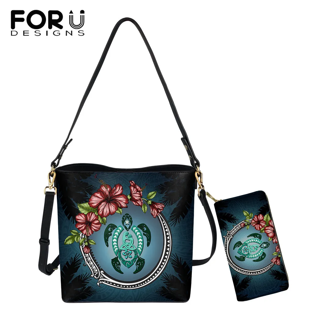 

FORUDESIGNS Vintage Pu Bucket Bags for Women Hawaiian Tribe Turtle And Hibiscus Floral Pattern Ladies Casual Shoulder Bag Purse