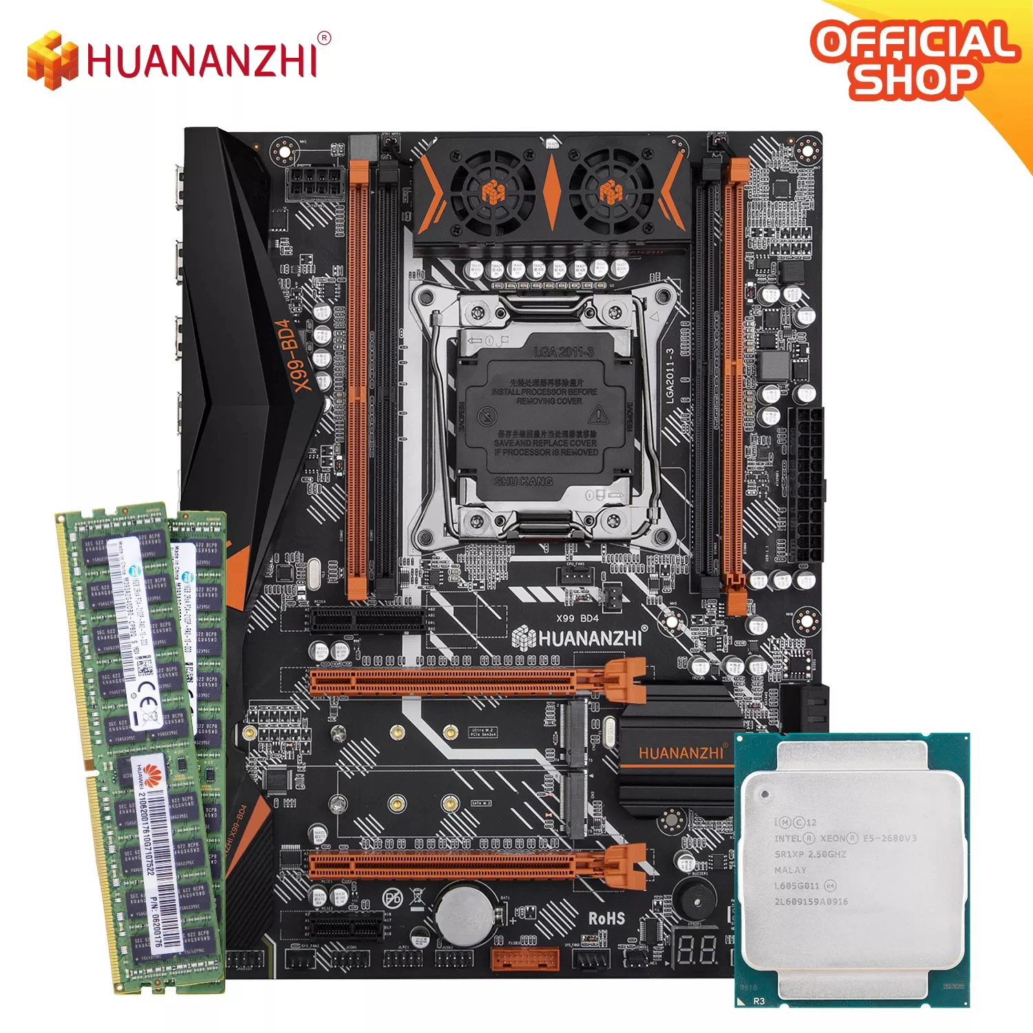 HUANANZHI X99 BD4 X99 Motherboard with Intel XEON E5 2680 v3 with 2*16G DDR4 RECC memory combo kit set NVME NGFF SATA USB 3.0