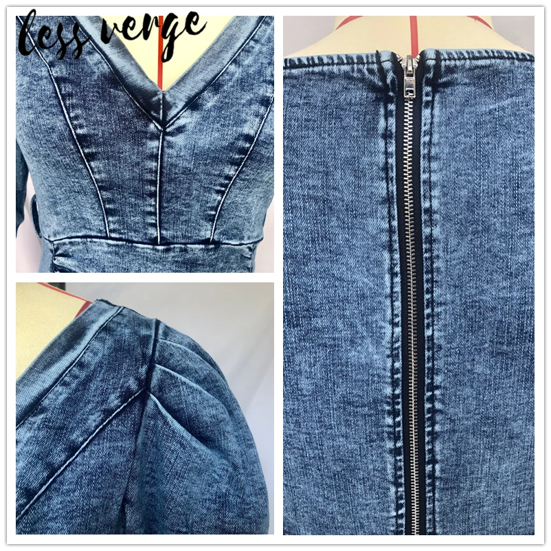 Lessverge с пышными рукавами и v образным вырезом Синее джинсовое короткое платье