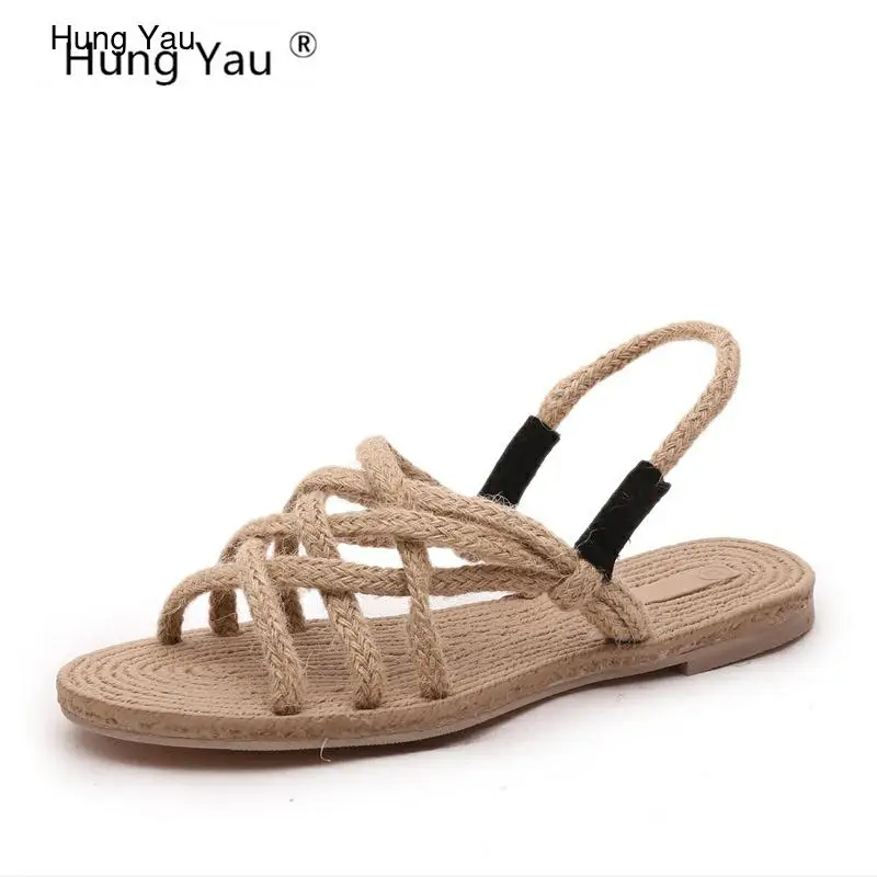 

Hung Yau Flat Hemp Rope Cross-Tied Sandals Shoes For Women Comfortable Strap Open Toe Ladies Casual Black Classic concise Shoes