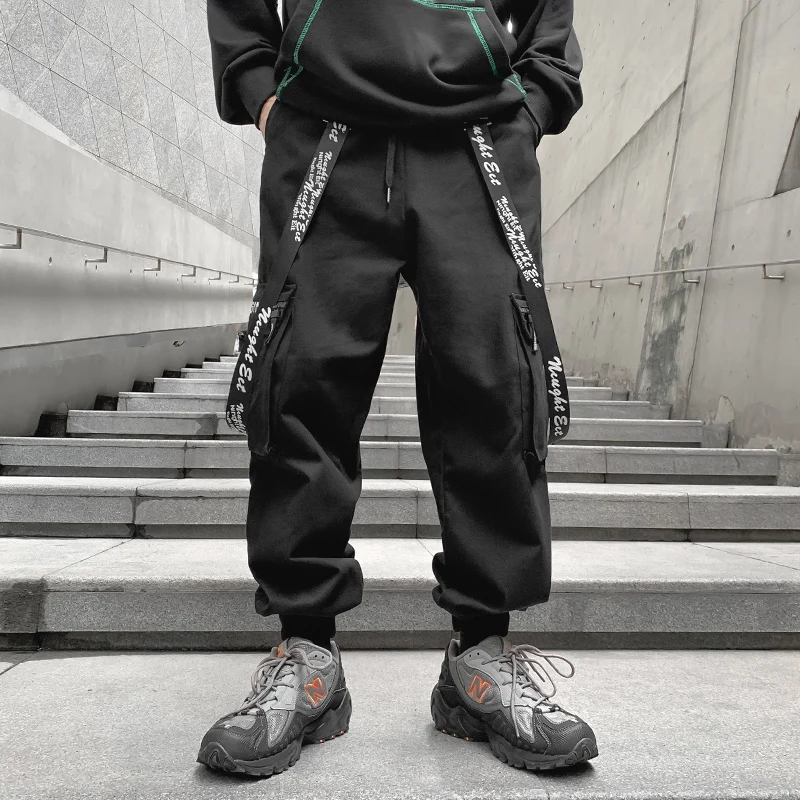 

2021Men Ribbons Streetwear Cargo Pants Autumn Hip Hop Joggers Pants Overalls Black Fashions Baggy Pockets Trousers Dropshipping