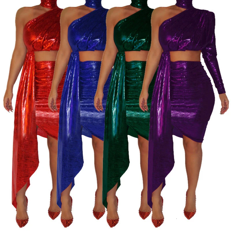 Two Piece Set Top And Skirt Women Festival Clothing Glitter One Shoulder Long Sleeve Crop Top+Sexy Skirt Set 2 Piece Club Outfit
