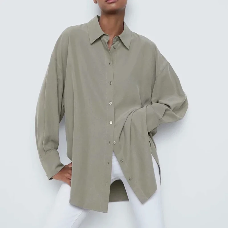 Темно-серая рубашка Женский мешковатый Топ с длинным рукавом Повседневная