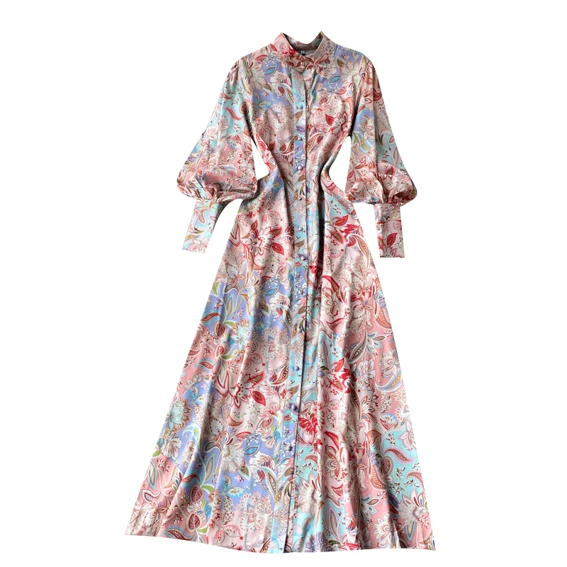 

Court dress women's Spring Dress New Retro printed Lantern Sleeve loose temperament standing collar slim long dress