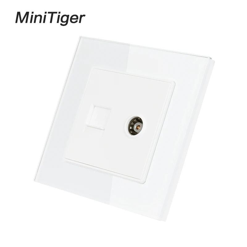 Minitiger White Luxury Crystal Glass Panel RJ45 Internet Data Computer Jack CAT5E Connector With Female TV Outlet Wall Socket |