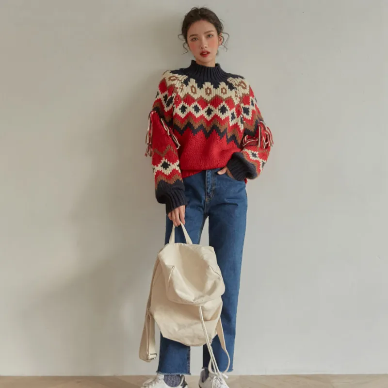

Autumn Winter Women Korean Chic Knitted Sweater Loose Turtleneck Pullover Tassel Design Long Sleeve Warm Knitwear Pull Femme