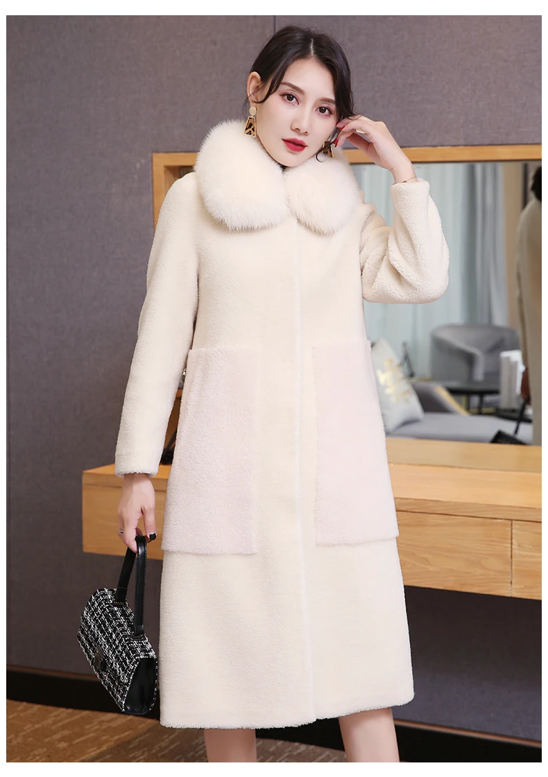 women natural wool fur long overcoat lapel collar streetwear thick warm outerwear 2020 real coat winter jacket | Женская одежда