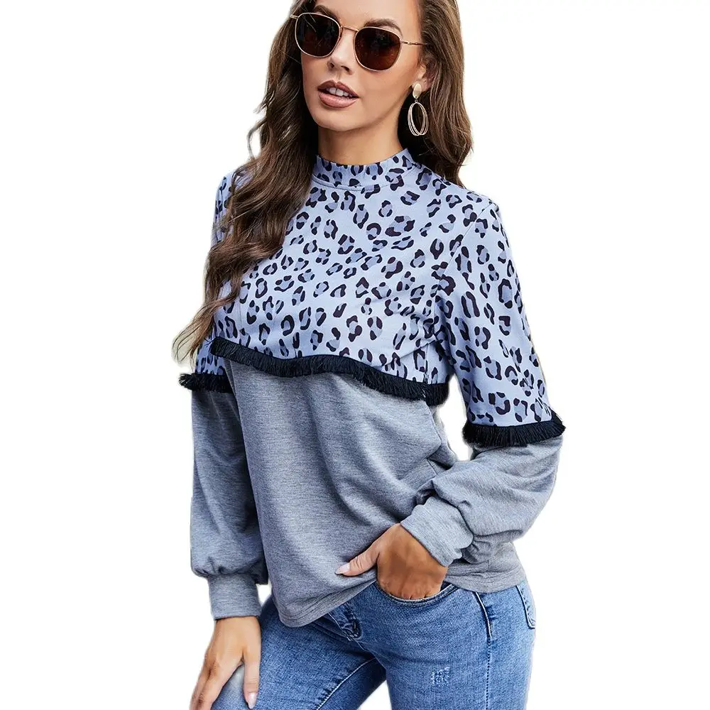 

2021 Autumn Leopard T-shirt Women Patchwork Long Sleeve Pullover Tassel Fashion Casual Tee Shirt Femme T-shirts Woman GrayTops