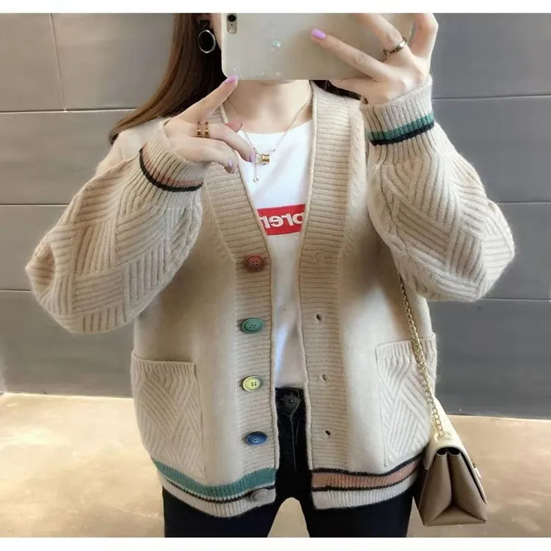 

2021 Women's V-neck Knitted Cardigan Sweater Knit Cardigan.Long-sleeved Fashion Trend Autumn Oversized Sweater