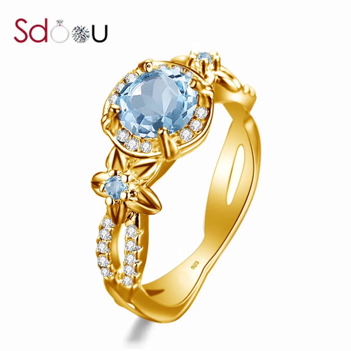 

SDOOU серебряные кольца для женщин 925 Серебряные кольца Небесно-Голубой Аквамарин цветок драгоценный камень по месяцу рождения романтический...