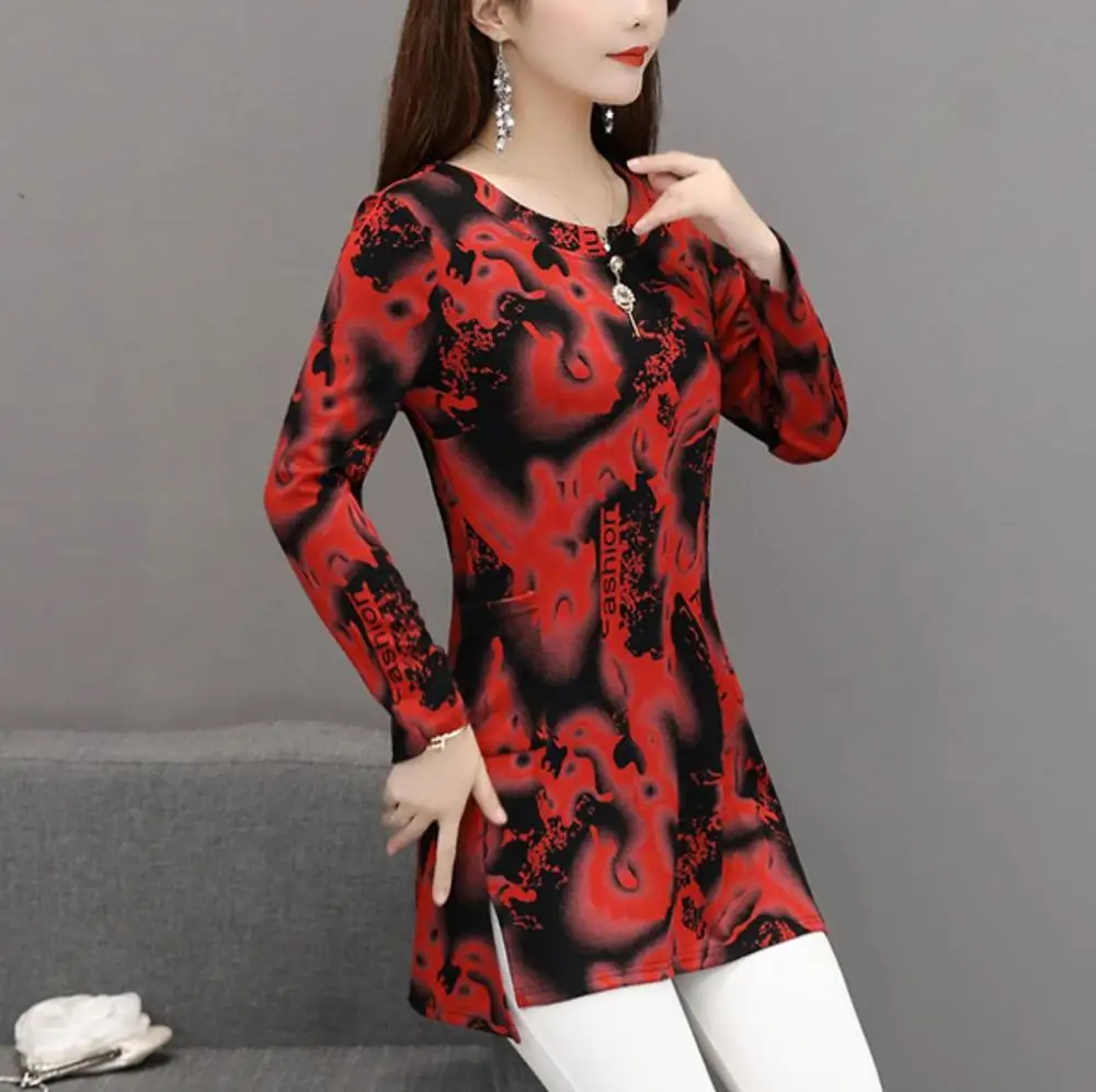 Red 5XL размера плюс, зеленый цветок, Женские винтажные блузки,, модная Осенняя рубашка с длинным рукавом для женщин, 0 ворот, топы, camisas mujer, элегантные - Цвет: Red