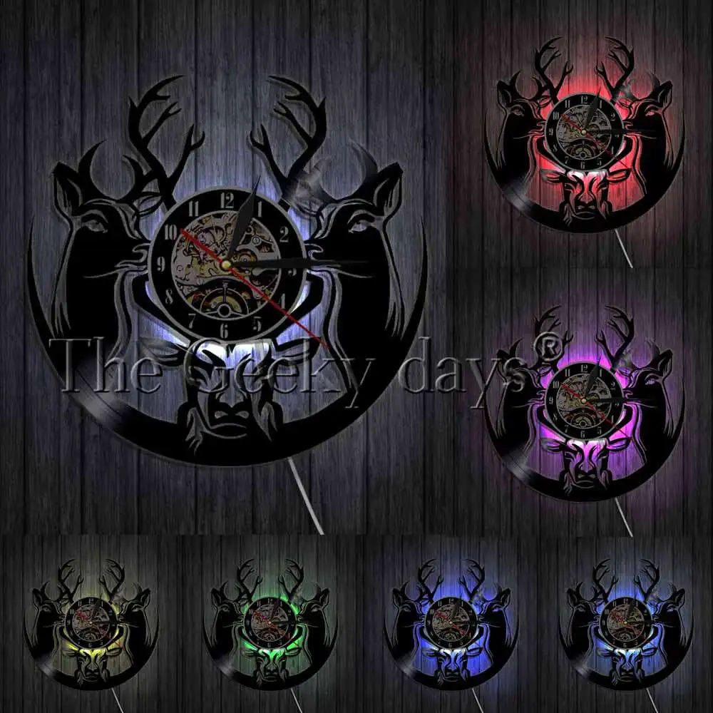 10 Forest Deer Wall Decor Retro Vinyl Record Wall Clock Antler King Moose With Pine Tree Hunting Hunters Wall Clock Gift Idea - Color: 10