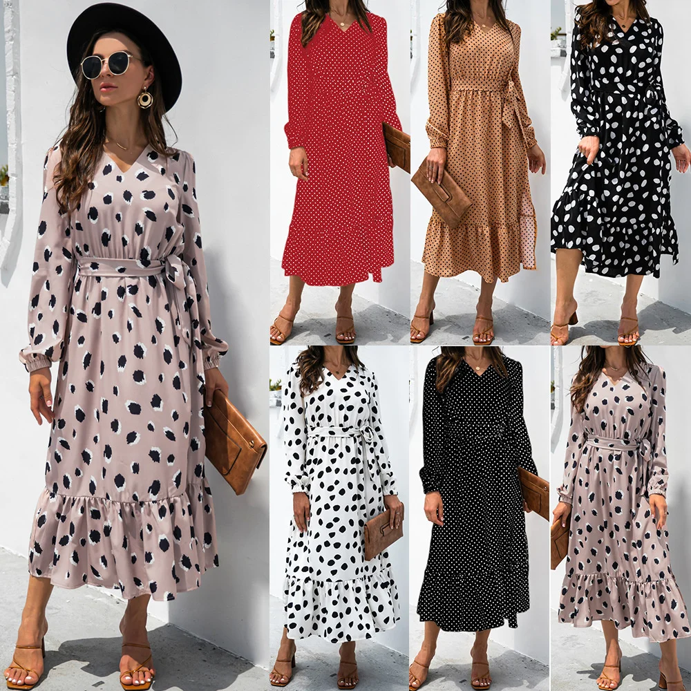 

2021autumn Sexy Vneck Point Split Long Sleeve Dress