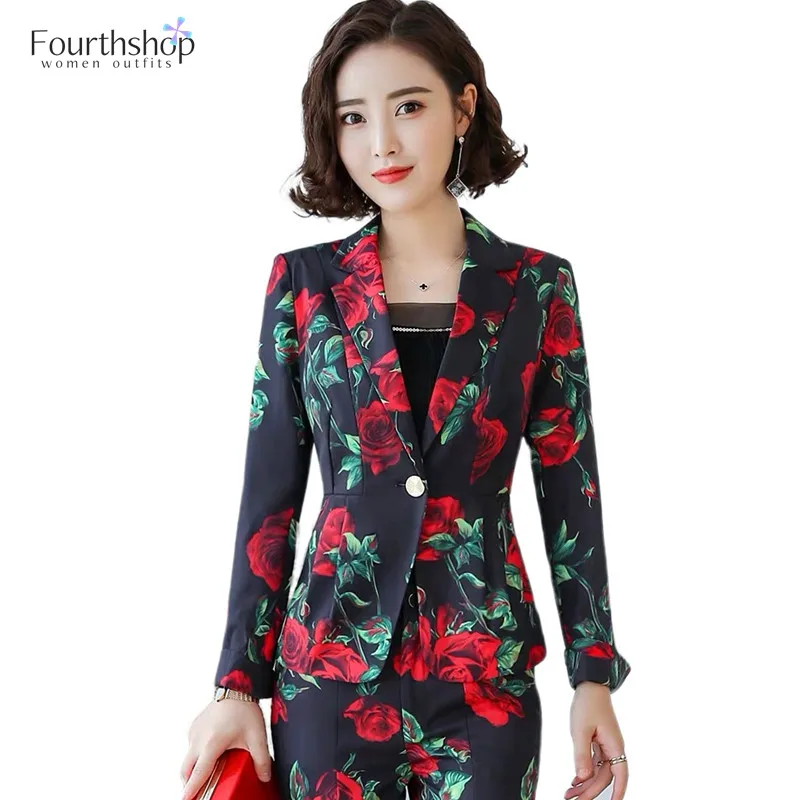2021 модные брючные костюмы для женщин Цветочный принт элегантный деловой костюм