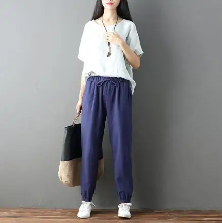 Большие размеры хлопок лен женские свободные штаны длиной до щиколотки