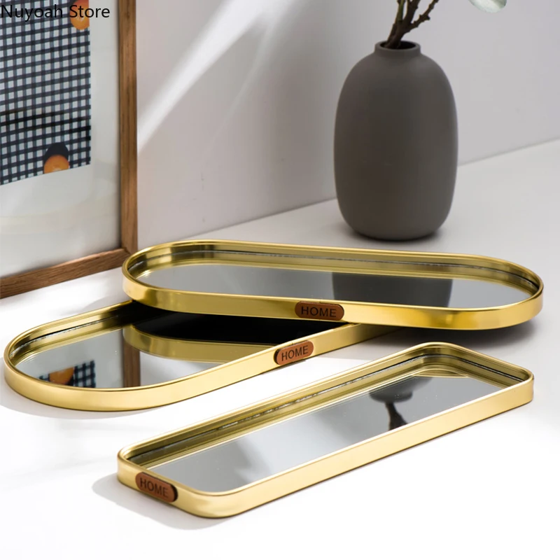 

Nordic Style Light Luxury Gold Mirror Surface Tray Home Jewelry Tray Storage Tray Storage Tray Living Room Decoration Ornaments