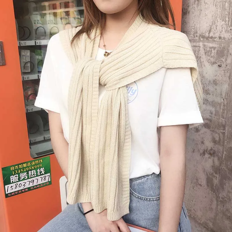 beige Однотонная вязаная полосатая шаль женский жилет из искусственного кашемира Студенческая Наплечная накидка с ложным воротником осенний палантин шарф с узлом - Цвет: beige