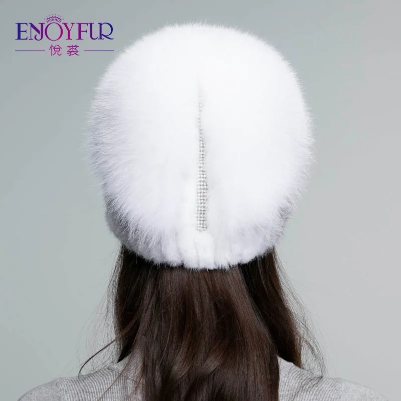 Enjoyfur норки Мех Шапки для Для женщин Натуральный мех зимние Стразы высокое