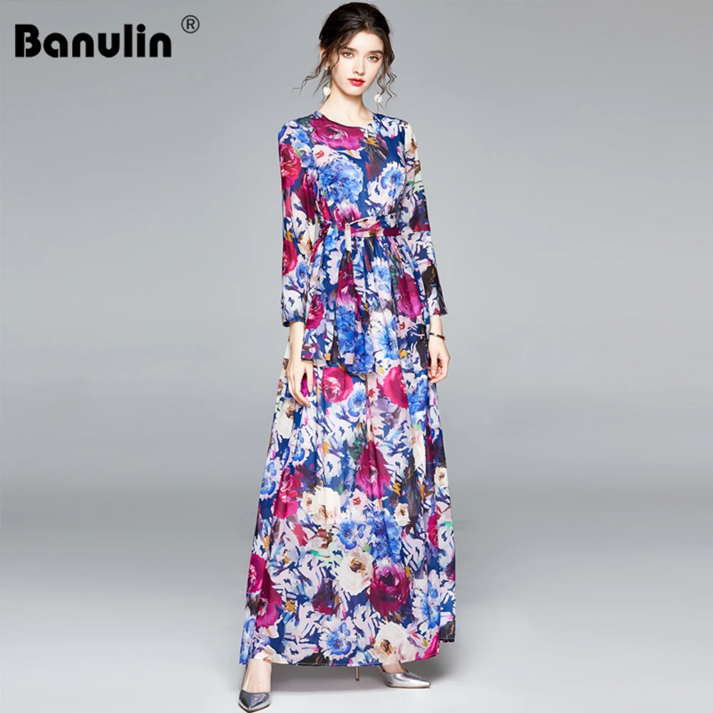 

Banulin 2020 Spring Summer Holiday Boho Maxi Dress Women's Long Sleeve Chiffon Floral Print Slim Elegant Big Swing Long Dress