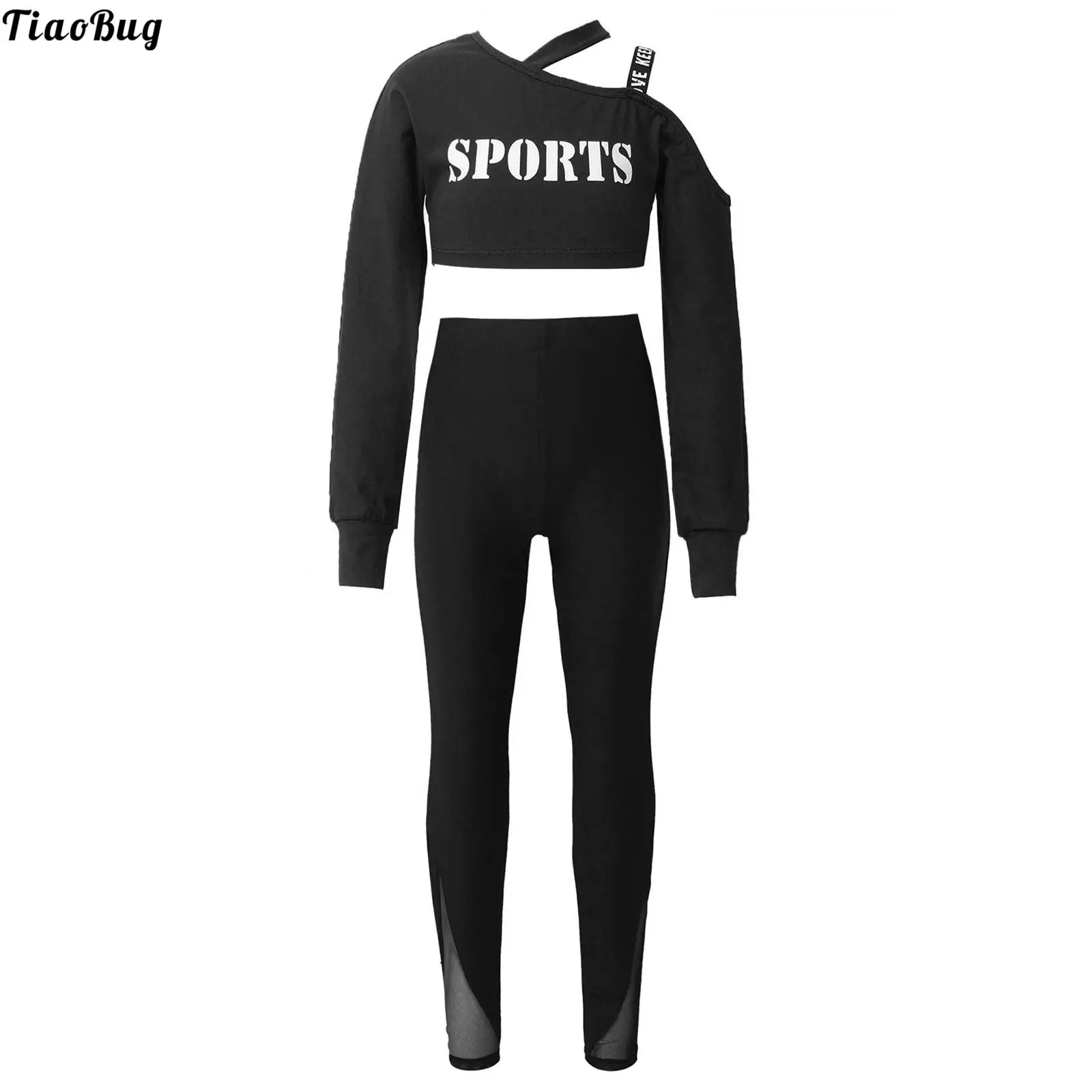

Autumn 2Pcs Kids Girls Yoga Running Sports Suit Asymmetric Shoulder Single Straps Long Sleeves Letters Print Crop Tops And Pants