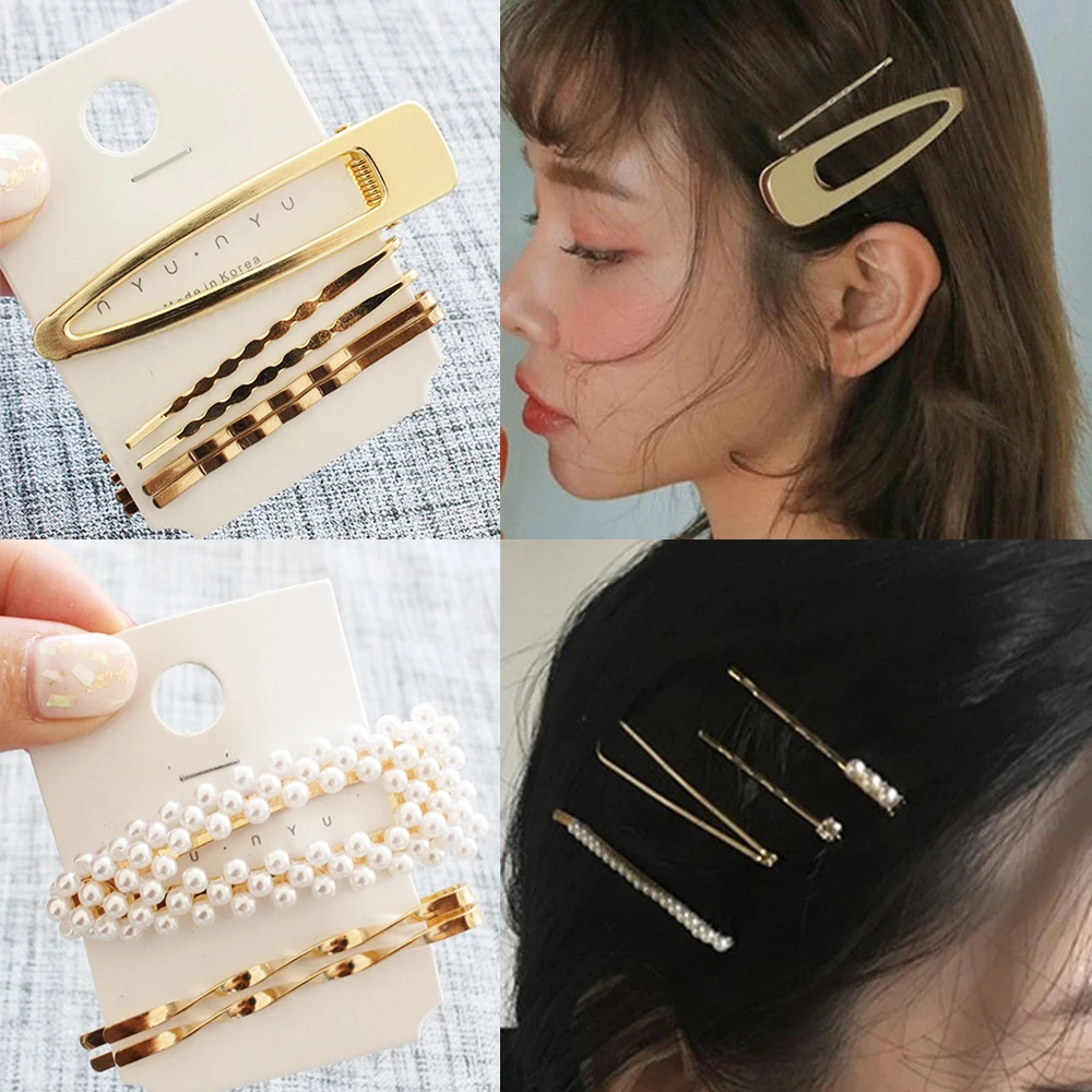 Заколки для волос женские металлические золотистые с жемчугом 1 комплект |
