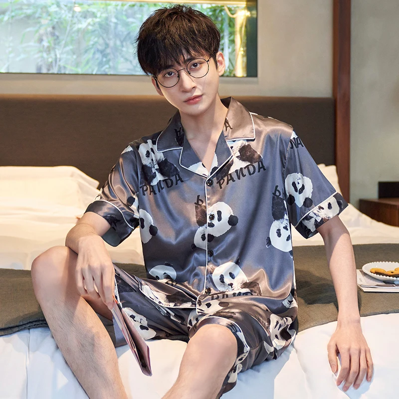 Men Sleepwear Summer Pajamas Cartoon Pajama Loose Version Set Plus Size XXXL Silk Short Sleeved Shorts Suit