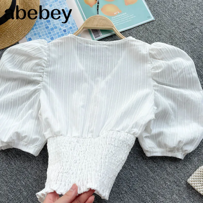 

Women Bow Elegant Blouse Spring Retro Square Collar Puff Sleeve Slim Tops Korean Chic Ruched Streetwear Short Blouse