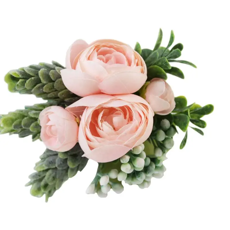 

69HB Handcrafted Men Women Boutonniere Wrist Corsage Artificial Rose Flower Fake Succulent Wedding Banquet Party Decoration 6