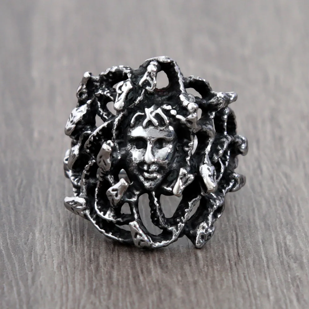 Кольцо из волос с ужасными веномозными змеями и Горгоной Черная Нержавеющая