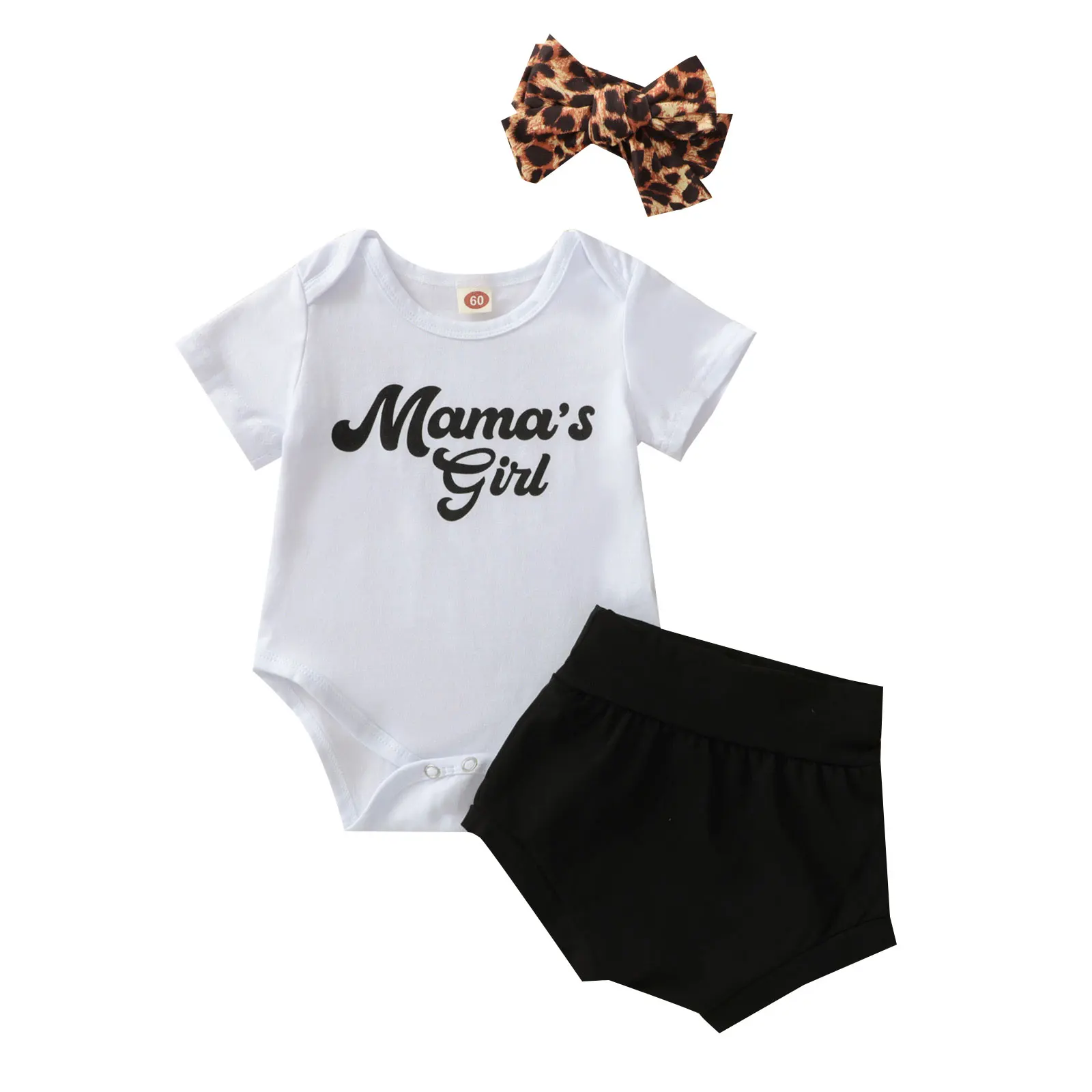 

Infant Baby Girls Three-piece Clothes Set, White Round Collar Short Sleeve Romper, High Waist Shorts and Headdress