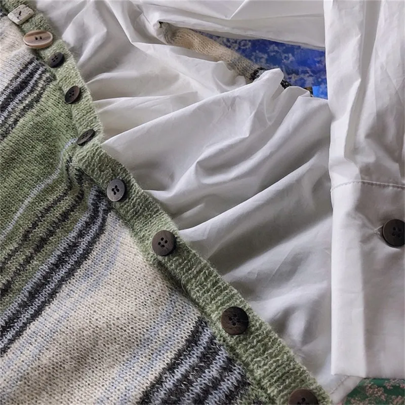 

women stitching knit striped white shirt Oblique buttons fashion puff sleeve shirt female surchemise femme carreaux