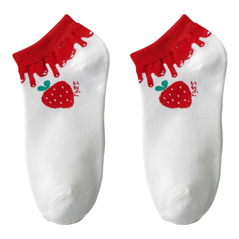 Japanese Style Women Cute Socks Print Strawberry Korean Funny 5 Pairs/Lot Girls Cotton Knitted Kawaii White Short Socks Sets