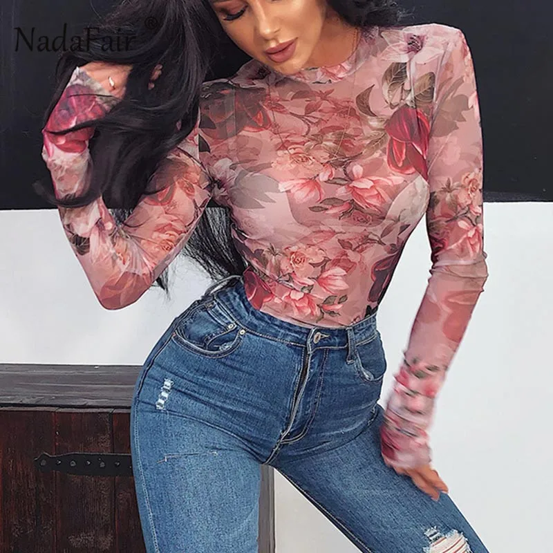 Nadafair Сексуальное Женское боди с цветочным принтом, Сетчатое боди с длинным рукавом, цельное Клубное осеннее прозрачное боди для женщин