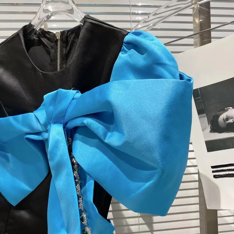 

2021 Summer New Runway Style Dress Fashion Big Bowknot Knot Color Drill Chain Mini Dress Slim Short Socialite Elegant Dress