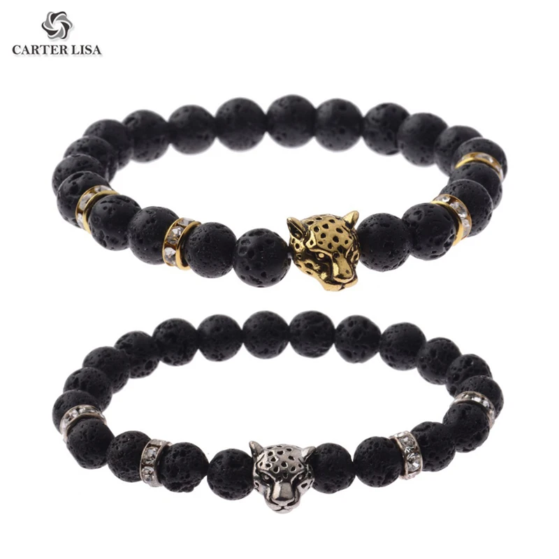 CARTER LISA Charm мужчины 8 мм Лава камень Бусины золото/серебро Леопардовый Браслет