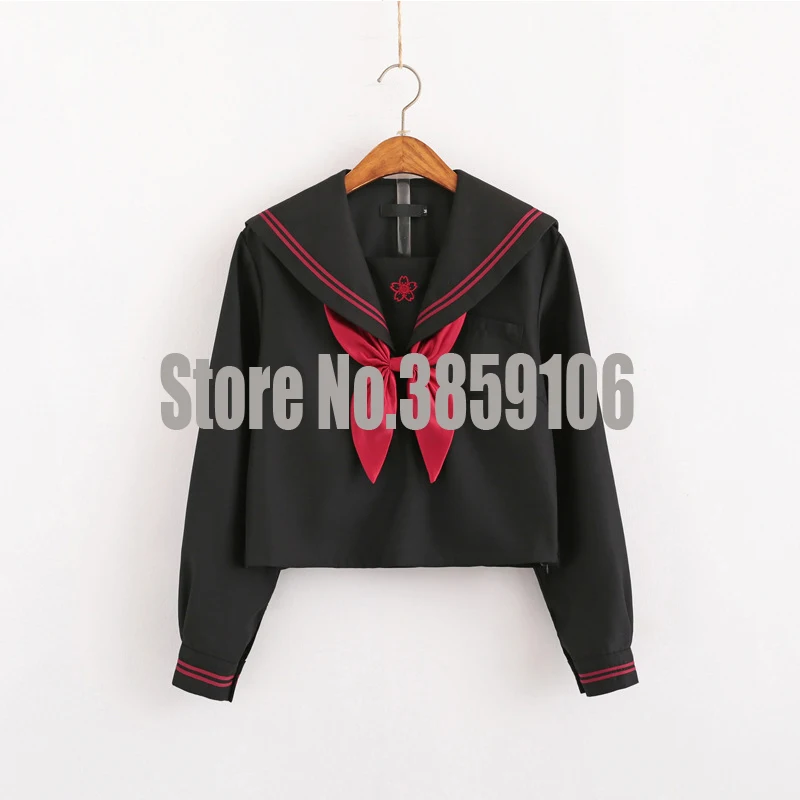 Long Sleeve Top UPHYD школьная форма Япония девушки с коротким рукавом Jk костюм моряка для маскарада футболка консервативный стиль колледж юбка Женский костюм комплект черный - Цвет: Long Sleeve Top